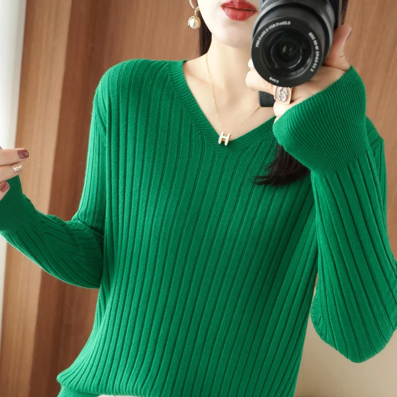 

New Women's Long Sve Knitted Sweater V-Ne Stripe Overhead Loose Casual Autumn Winter Woolen irt Comfortable Versatile