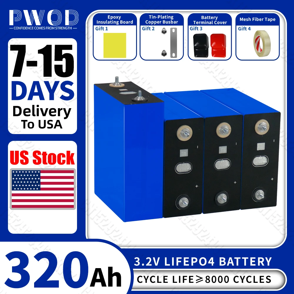 320Ah 8000cycle Lifepo4 Battery Grade A 3.2V Lithium iron phosphate Rechargeable Cell For DIY 12V 48V RV Solar Camping Boat Cart