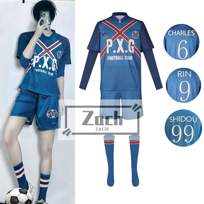زي أنيمي تنكري مع شعر مستعار ، قفل أزرق ، رين إيتوشي ، شفالييه شيدو ، جيرسيه px.g ، زي كرة قدم مطرز ، بدلة رياضية