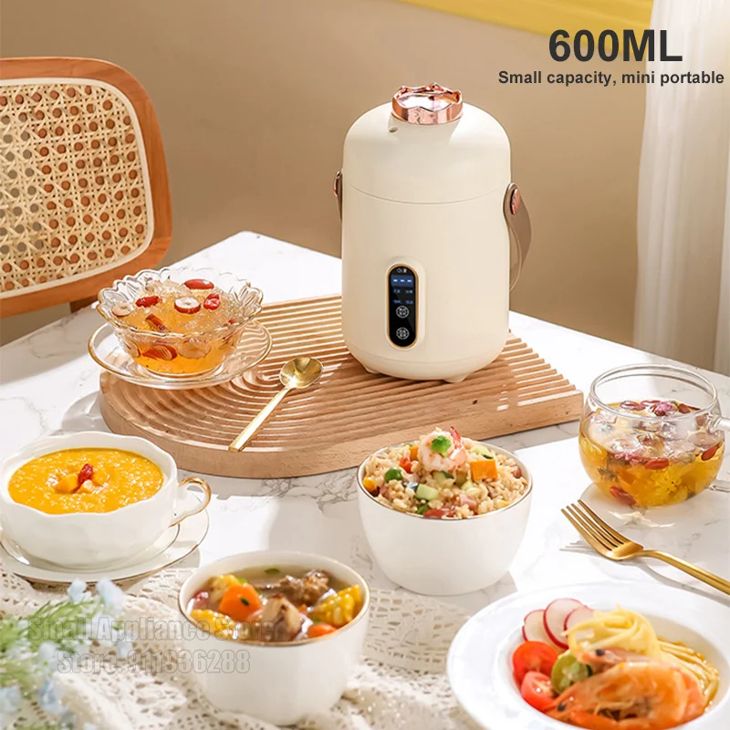 Mini Rice Cooker Household Electric Cooker Multifunctional Electric Cooking Pot 600ml Portable Mini Hot Pot Leather Handle 220V