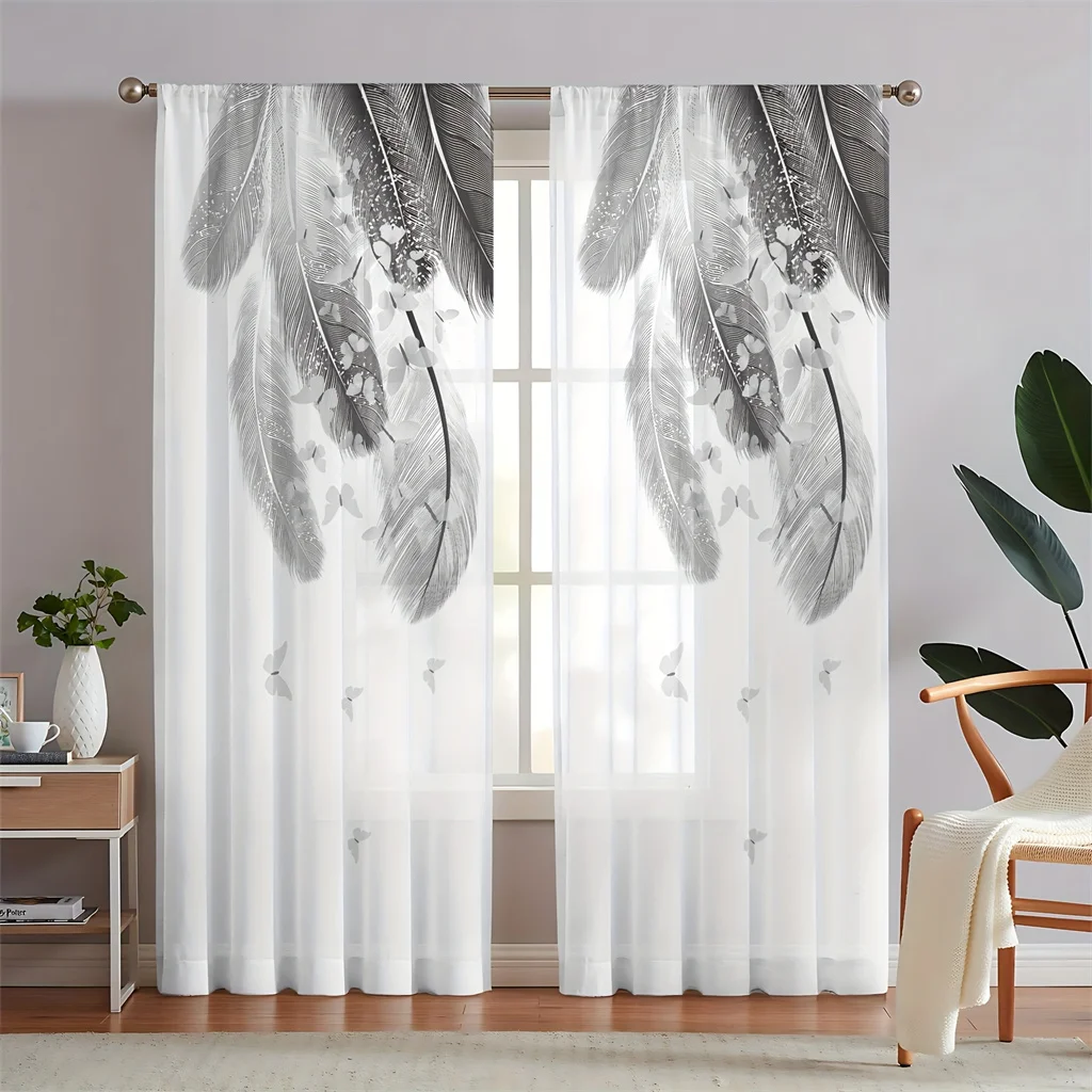 Luxury Gold Feather Tulle Sheer Window Curtains Blinds for Living Room Kids Bedroom Cupboard Hall Kitchen Door Home Decor 2Pcs