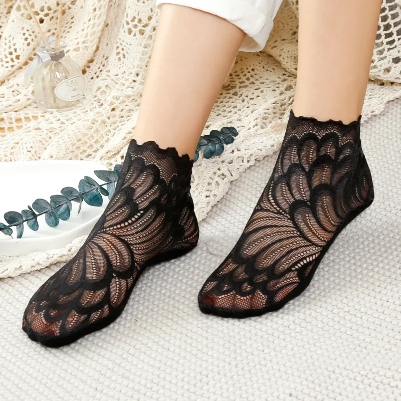 5 Pairs Women Lace Flower Mesh Socks Non-slip Invisible Liner Sock Female Elastic Comfy Thin Transparent Breathable Ankle Socks