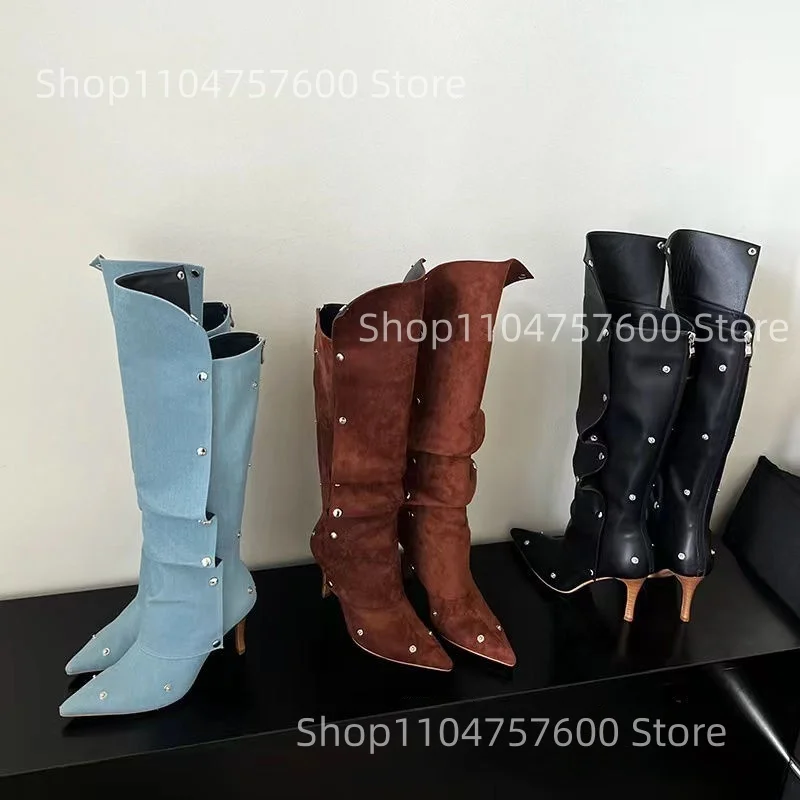 Women's Denim Knee High Boots Stud Detail Design Pointed Toe Stiletto Heel Trendy Botas Elegant Casual Street Punk Ladies Boot