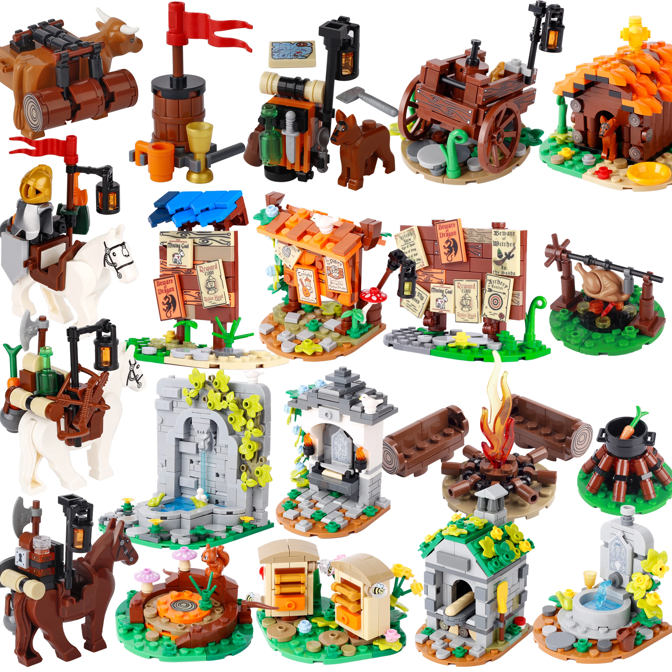 MOC Medieval Bulletin Quest Board Model Building Blocks Squirrel Stump Animal Honeycomb Bonefire Fountain Bricks Toys