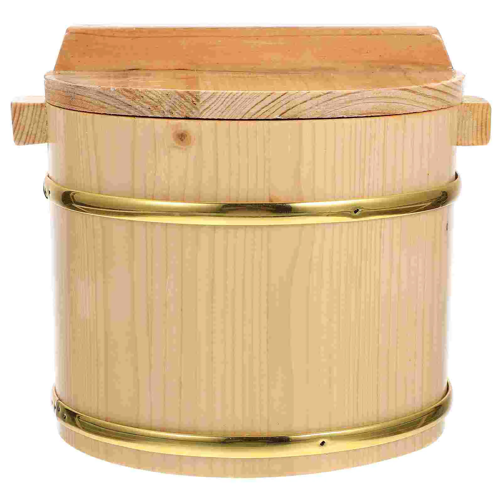 

Wooden Barrel Sticky Rice Basket Sushi Storage Holder Container Mixing Tub Lidded Restaurant Bucket Bowl