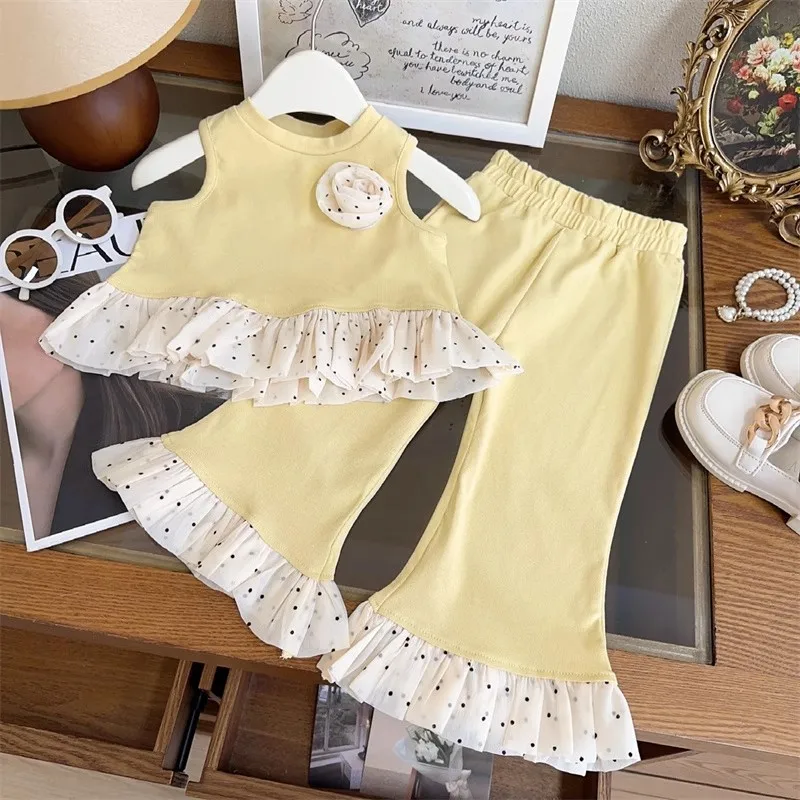 Girls Little Fragrant Wind Sleeveless Set 2026 Summer New Style Childrens Lace Splicing Tank Top Nine Point Pants Two Piece Set