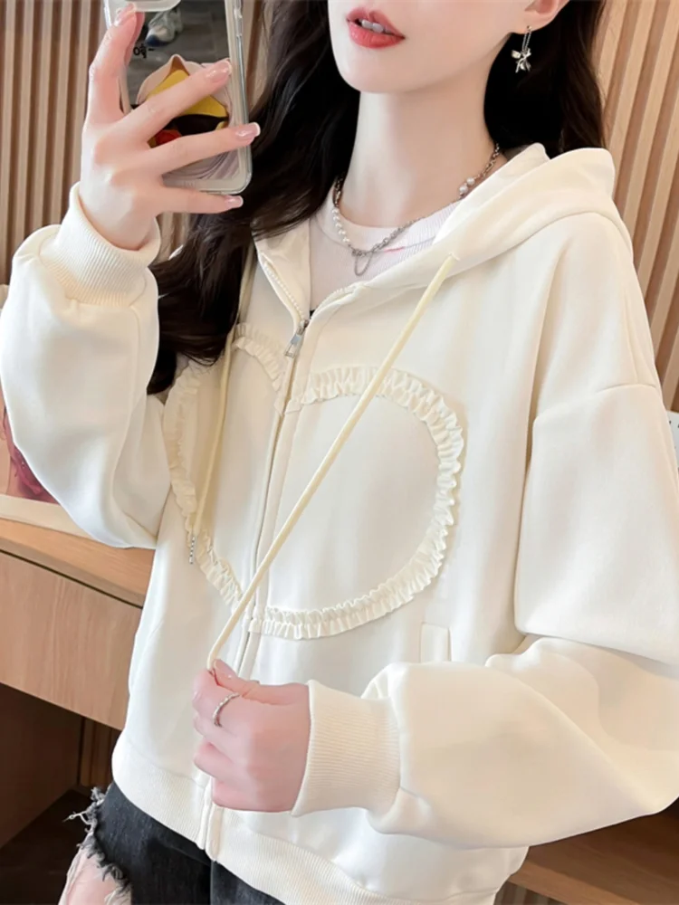 Spring Autumn Cute Girl Pink Khaki Top Fashion Pleated Caring Loose Soft Comfortable Student Solid Color Hooded Hoodie Outerwear