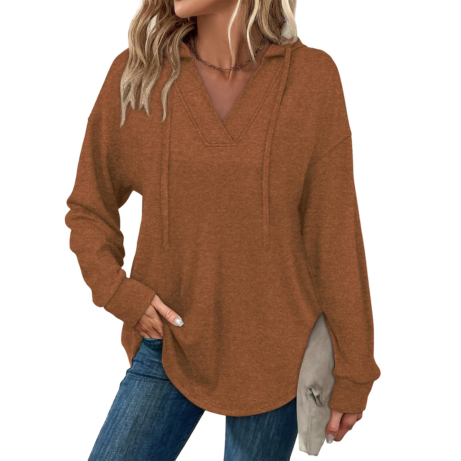 Tops Für Frau Frauen Mode Einfarbig Lange-Sleeve Mit Kapuze V-ausschnitt Casual Sweatshirt Top Frau Kleidung Winter Kleidung frau