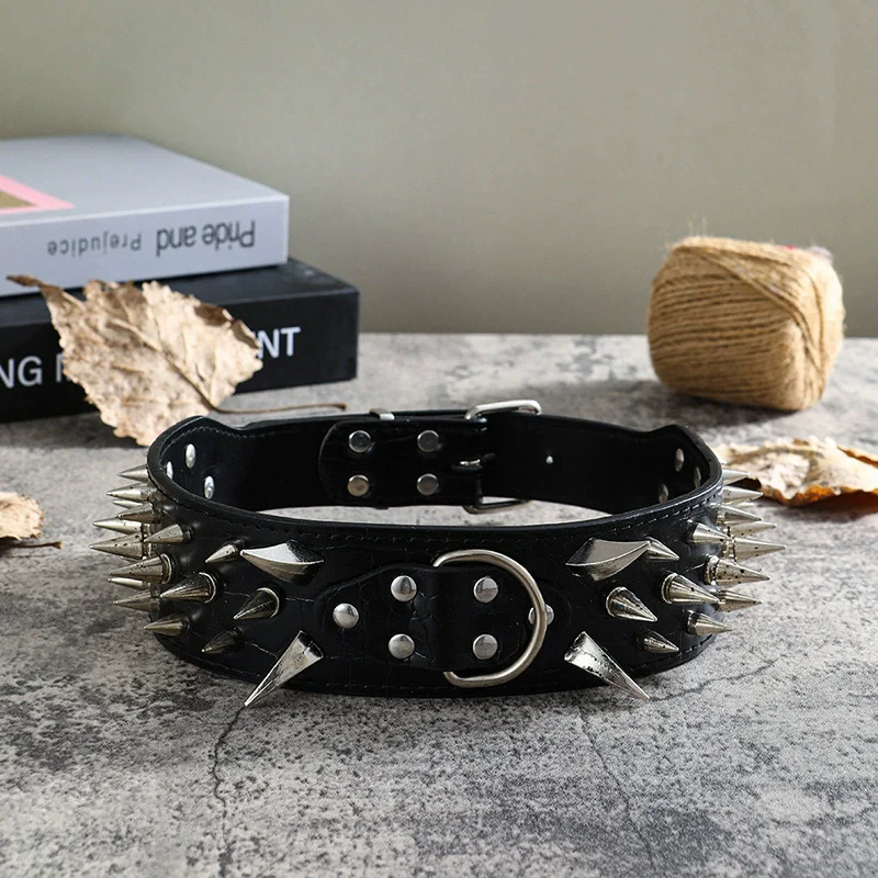 Wide Spikes Studded Leather Pet Dog Collar, Large Breeds, Pitbull, Doberman, M, L, XL Sizes, 3 Inch