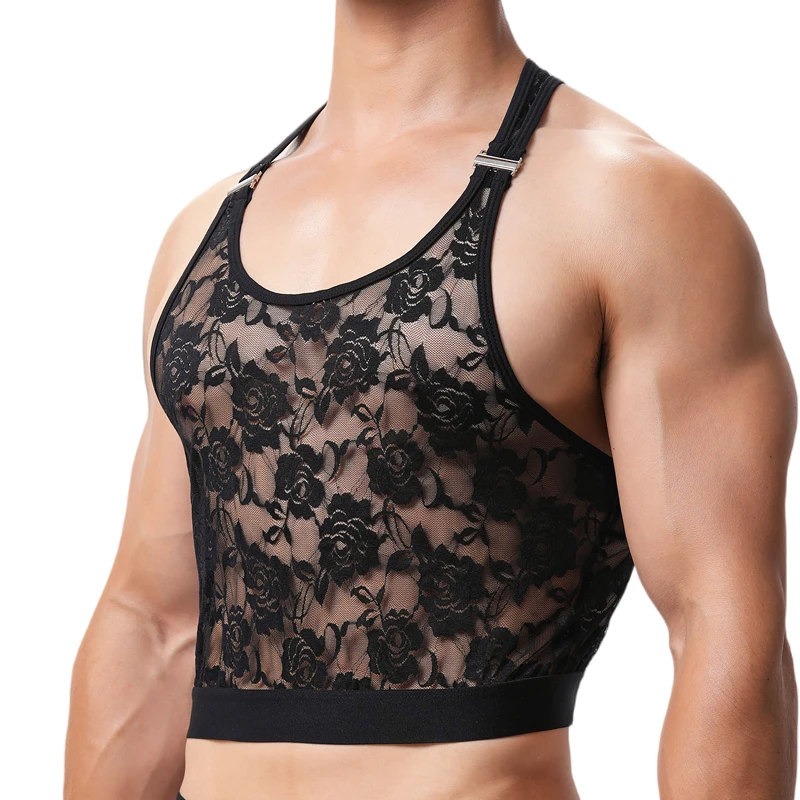 Men Sexy Lace Tank Tops Transparent Sleep Tops Male Underwear Breathable Vest Sleeveless Tops Underwear Male Sissy Undershirt