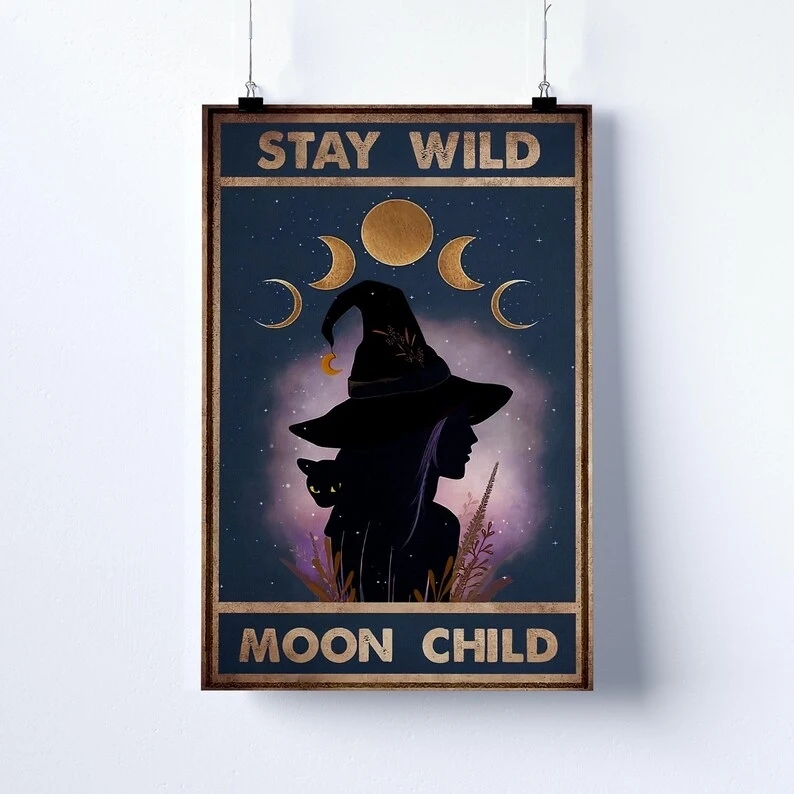 Modern Stay Wild Moon Witch And Black Cat Wall Art Print Canvas Painting Poster Picture For Living Room,Bedroom Home Decor
