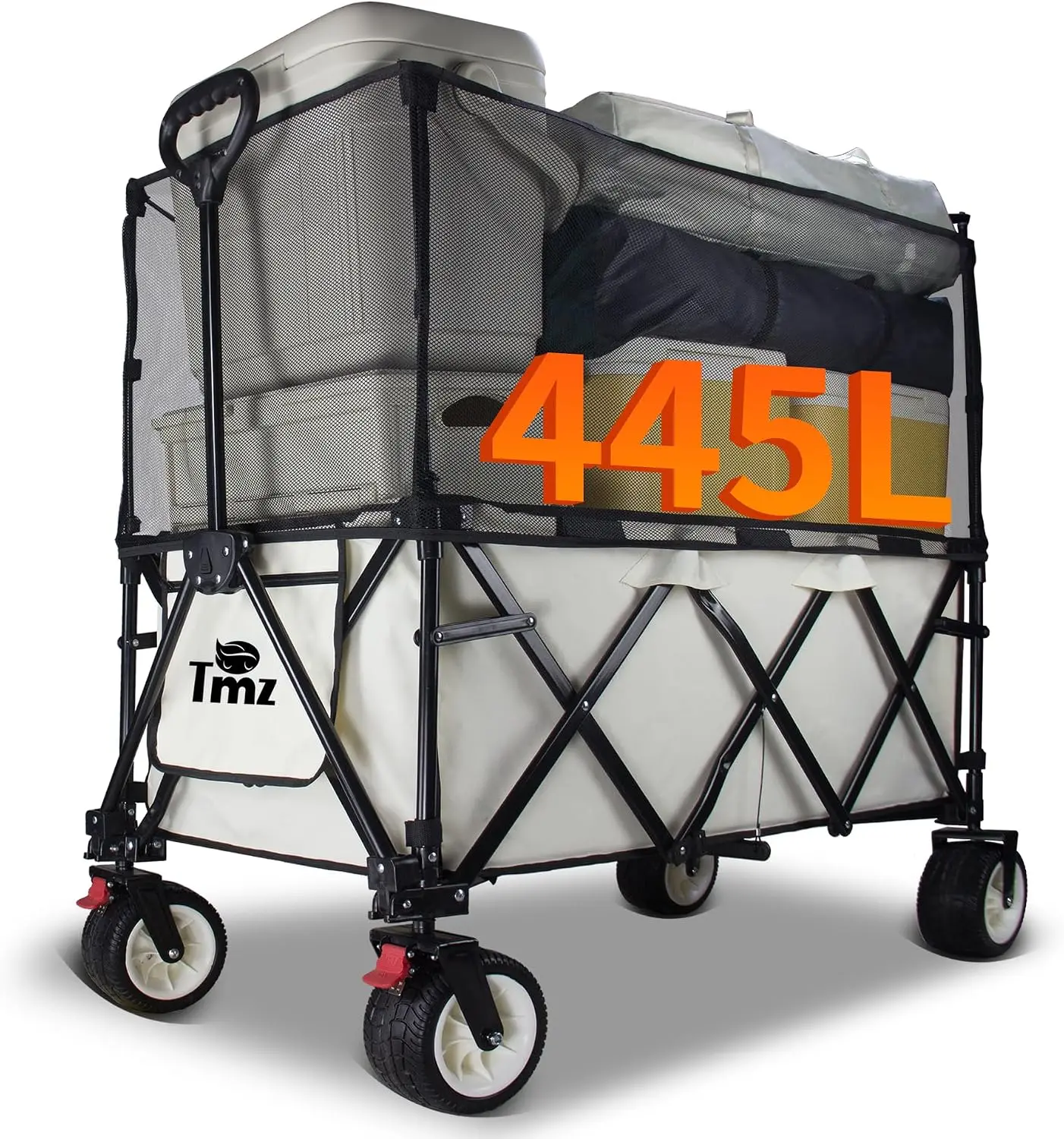 Collapsible Wagon 445L Heavy Duty Foldable Cart with All-Terrain Wheels, Canopy & Brakes - Extra Large Utility Wagon