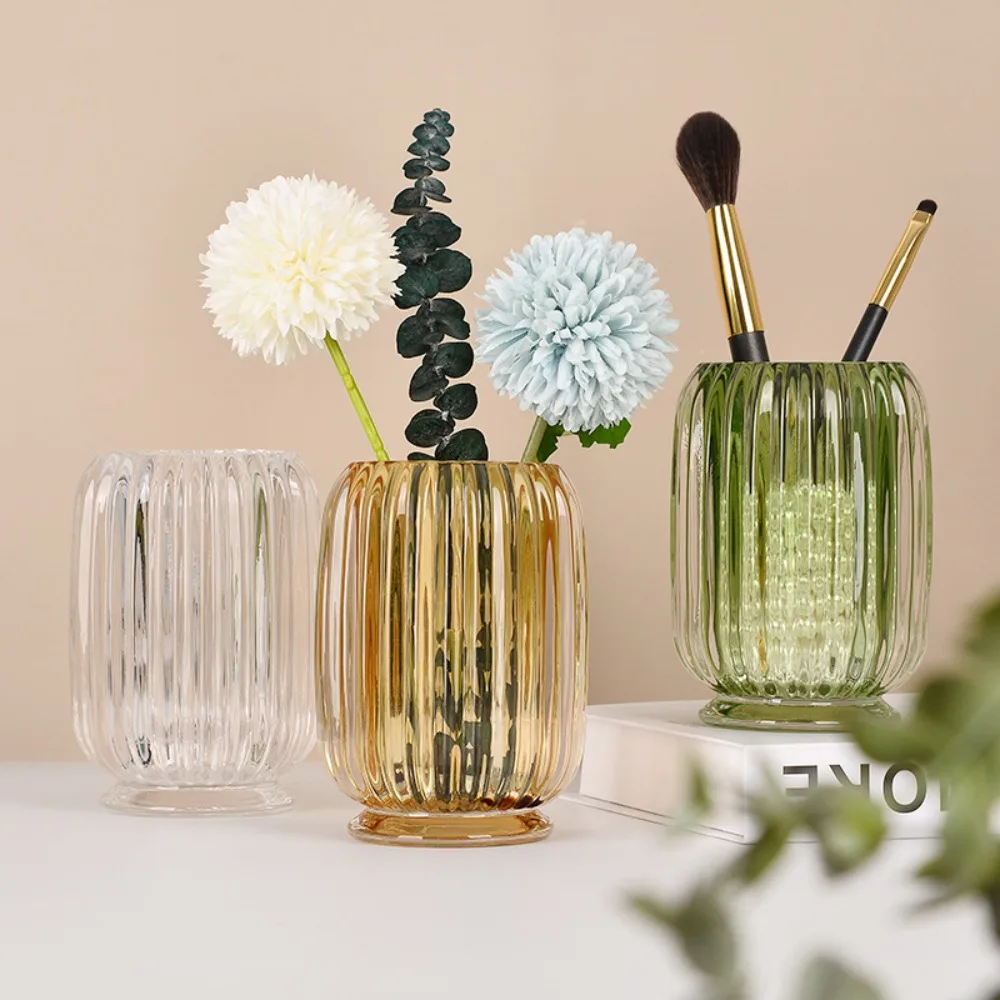 

Vertical Stripe Glass Pen Holder Green& Amber Ins Makeup Brush Bucket Tabletop Storage Multifunctional