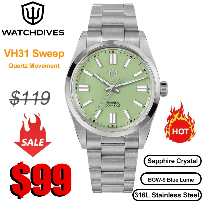 Watchdives WD1016 V3 Watch VH31 Sweep Second Movement Slim Case Sapphire Crystal 100m Waterproof Luminous 37mm Vintage Watches