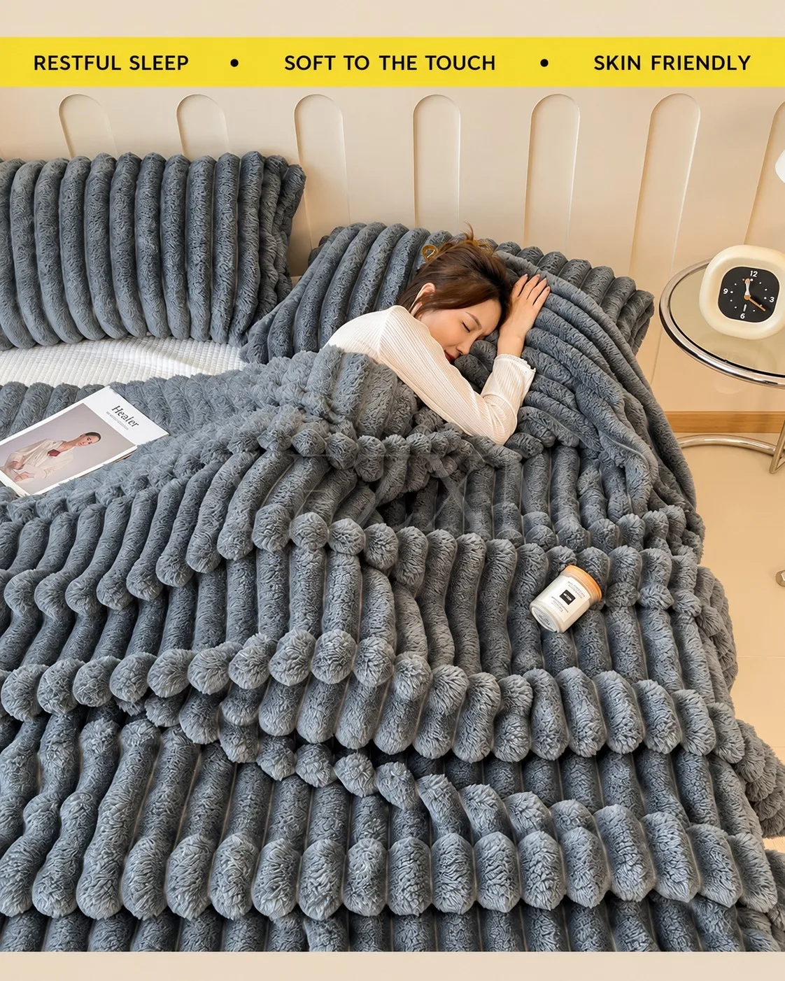 Thick Warm Wide Striped Flannel Blanket Solid Color Soft Fluffy Plush Throws for Sofa Bed Office Travel Multifunctional Blanket
