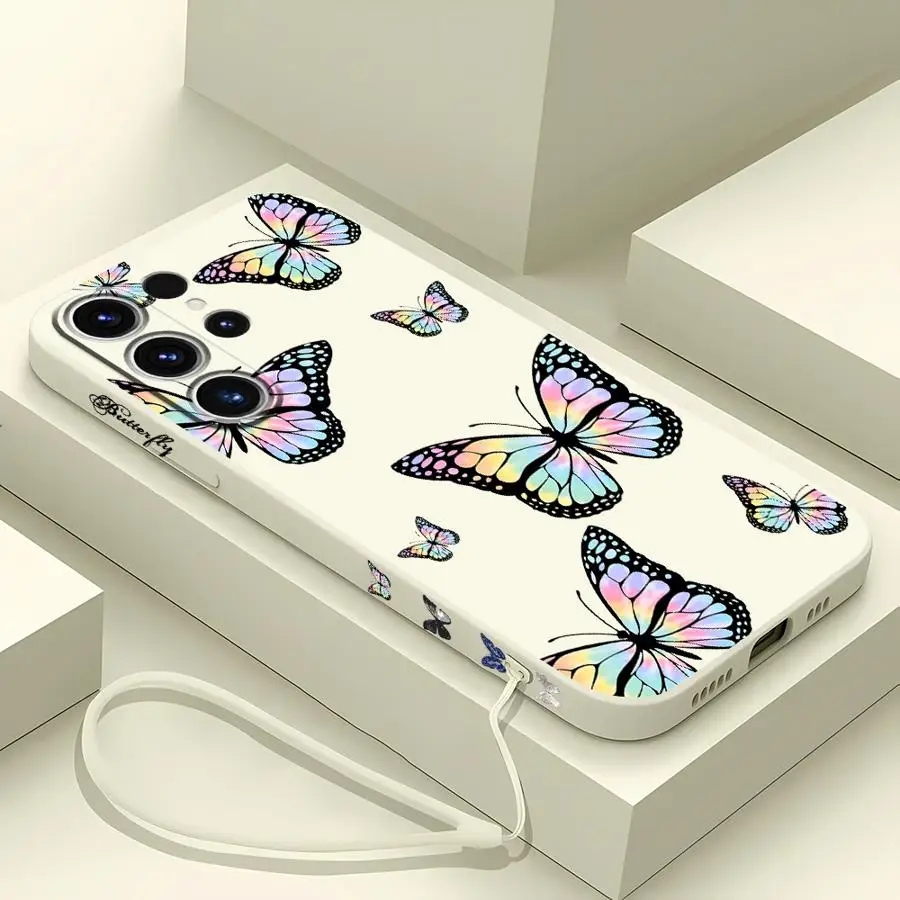 Blue Butterfly Phone Case for Samsung Galaxy S23 Ultra 5G S21 Plus S22 S20 FE S24 Ultra S20 With Lanyard Back Silicone Cover