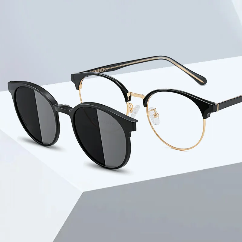 KIZN 女性磁気近視偏光サングラス男性 2025 新 2 で 1 クリップメガネラウンドフレーム光学レンズ眼鏡 -0.5 に-10