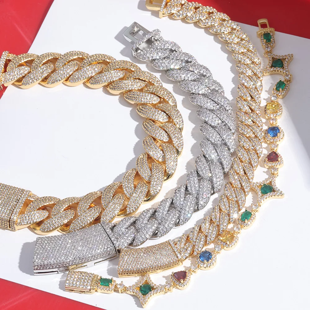 

ESKEEM Лидер продаж, ювелирные изделия в стиле хип-хоп, 18-каратное позолоченное кубинское ожерелье, ожерелье с цветными драгоценными камнями, цепочка с геометрическим мотивом для мужчин и женщин