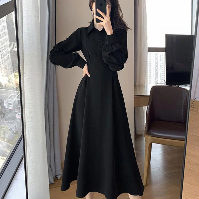 Long Sleeve Dresses Women Solid Black Elegant Office Ladies Tender Mid-calf All-match Korean Inside Tunic A-LINE Simple Party