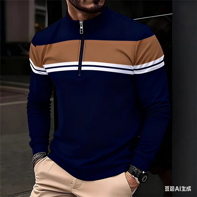 

Fashion 3D Colour-blocking Stripe Printed Men's Half-zip Stand Collar Shirt Autumn Business Casual Man Long Sleeve Sweatshirts