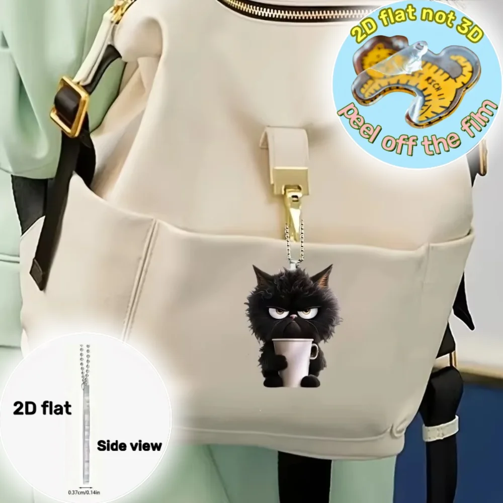 2D Fun Coffee Black Cat Keychain Cute Cartoon Kitten Charm Flat Acrylic Pendant Versatile for Car Bag Festive Party Gift & Decor