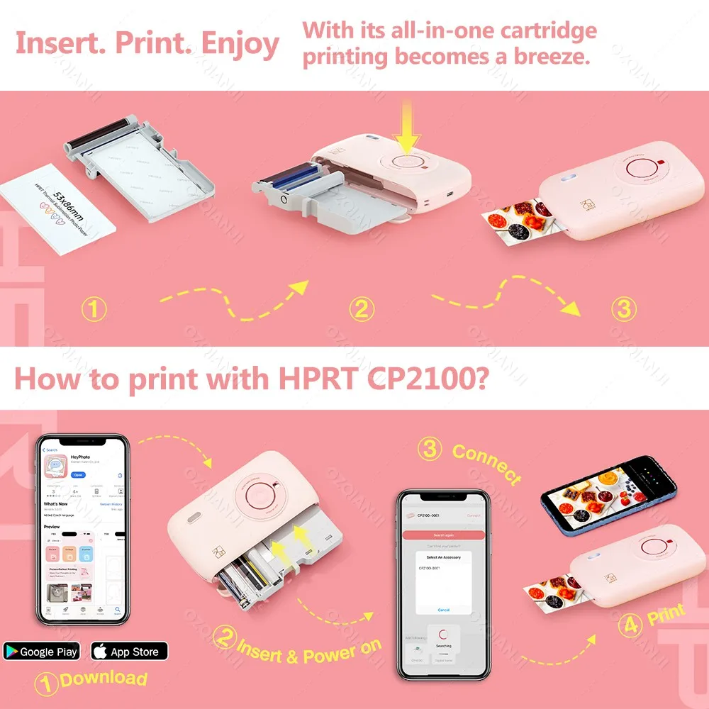 HPRT CP2100 Portable Instant Color Photo Printer Bluetooth 5.0 Mini 2x3 Inch Dye Sublimation 300 DPI for iPhone Android