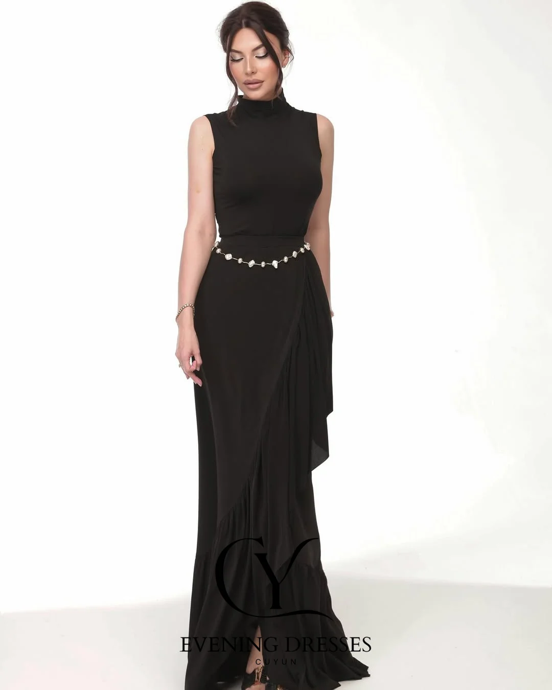 فساتين سهرة أنيقة بحورية البحر باللون الأسود من CUYUN بياقة عالية مكشكشة للحفلات الراقصة للنساء فساتين حفلات أعياد الميلاد المخصصة
