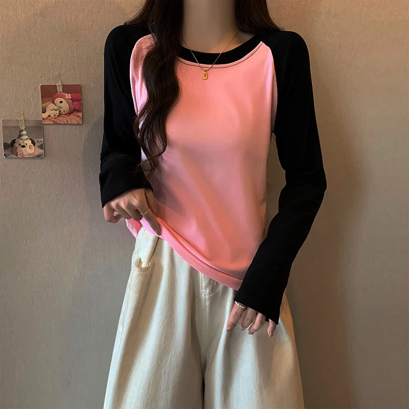 200GSM 100% Cotton Fabric 2024 New Autumn Fashion Women\'s O Neck T-Shirt Female Loose Long Sleeve Shirt Patchwork Style Tops