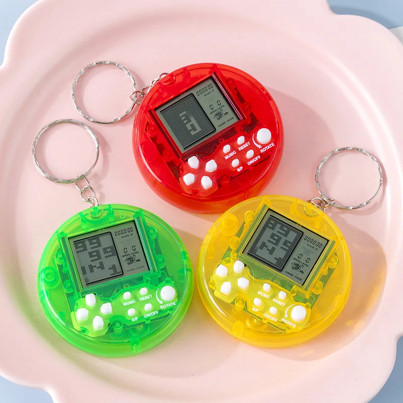 Round Mini Tetris Game Console Keychain Retro Pocket Handheld Electronic Game Key Ring Stress Relief Pendant Creative Gift