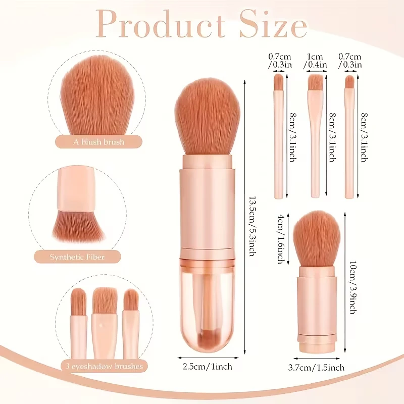 4 piece retractable portable eyeshadow and loose powder makeup brush set, with a velvet triangular powder puff and a mini pow