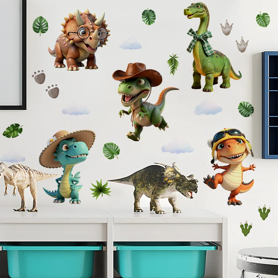 Cartoon Dinosaur Wall Stickers Footprint Leaf For Children's Room Kids Bedroom Baby Room Decor Nursery Decoration Wall Decals