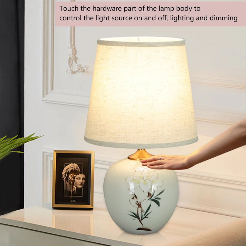 BERTH Ceramic Table Lamps Chinese for Bedside Modern White LED Dimming Desk Light For Home Living Bedroom Decor