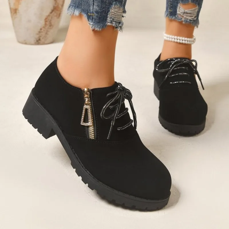 Women's Loafers Round Toe Low Heel Suede-Look Upper Lace-Up Side Zipper Closure Casual Travel Daily Outdoor Footwear Selections