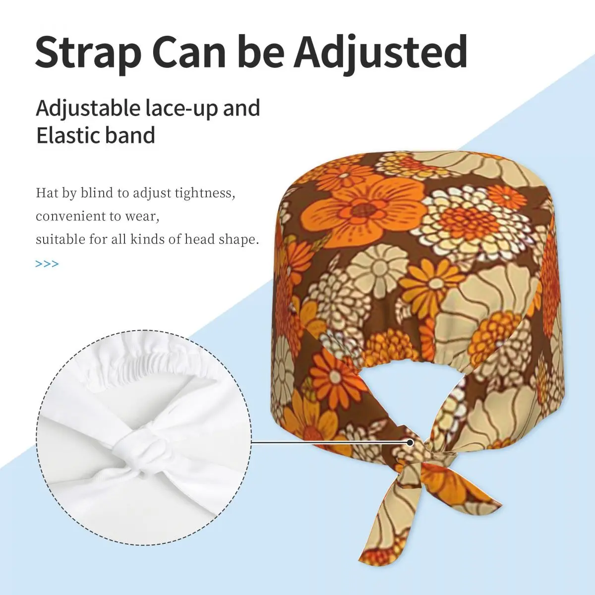 70s ريترو الإقحوانات خمر زهرة الطاقة البرتقال والبني بوهو فرك قبعة الطبيب العمل قبعة جراحية قبعات التمريض لطبيب الأسنان