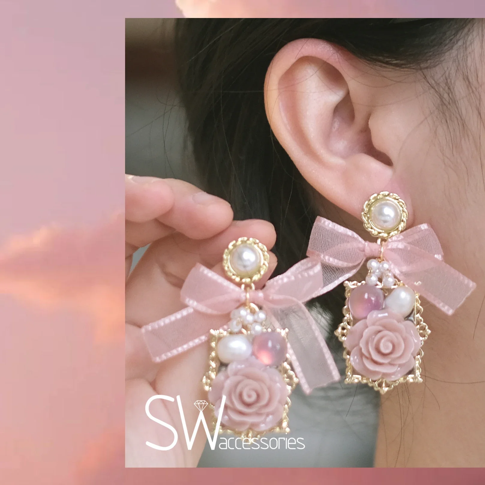 Original Handmade Japanese Sweet Cute Lolita Earrings Girly Y2k Fashion Bow Pearl Ear Clip Women Eleghant Pink Ear Accessories