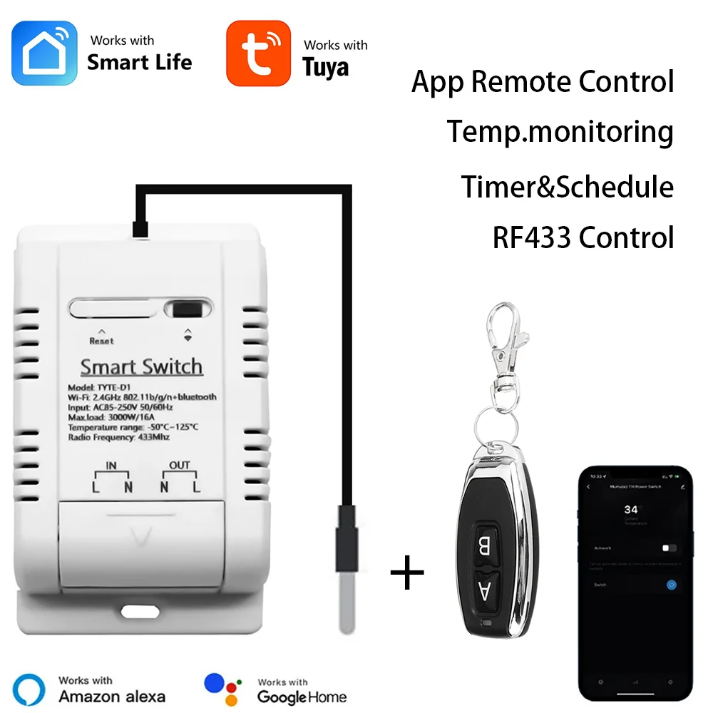 

Умный переключатель температуры Tuya WIFI 16A 3000 Вт с интеллектуальным термостатом RF433, беспроводной пульт дистанционного управления, совместимый с Alexa