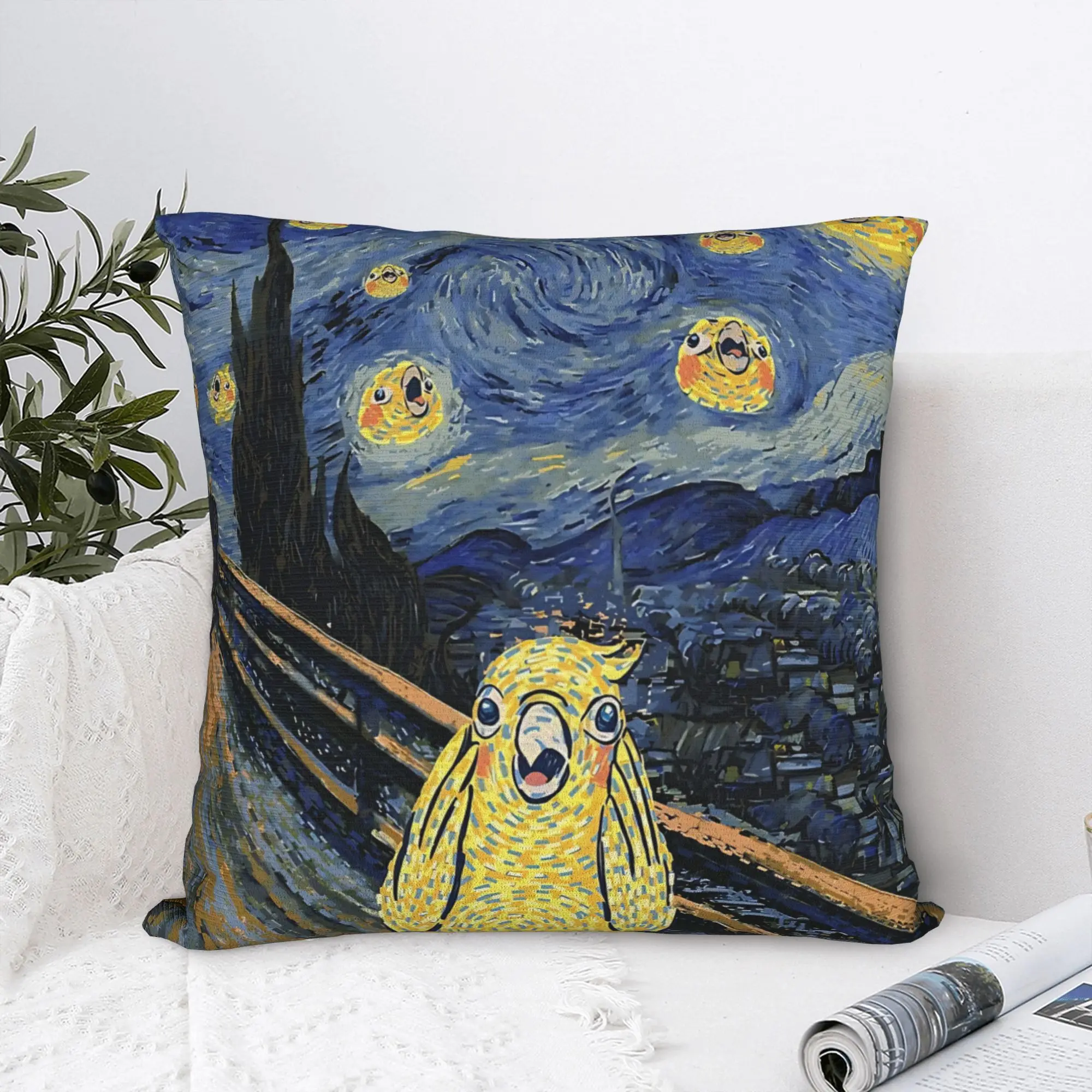 Cockatiel Starry Night Van Gogh Munch Birbs Parody Square Pillow Cases Cushion Covers Throw Pillow Case Cover for Car 45x45cm