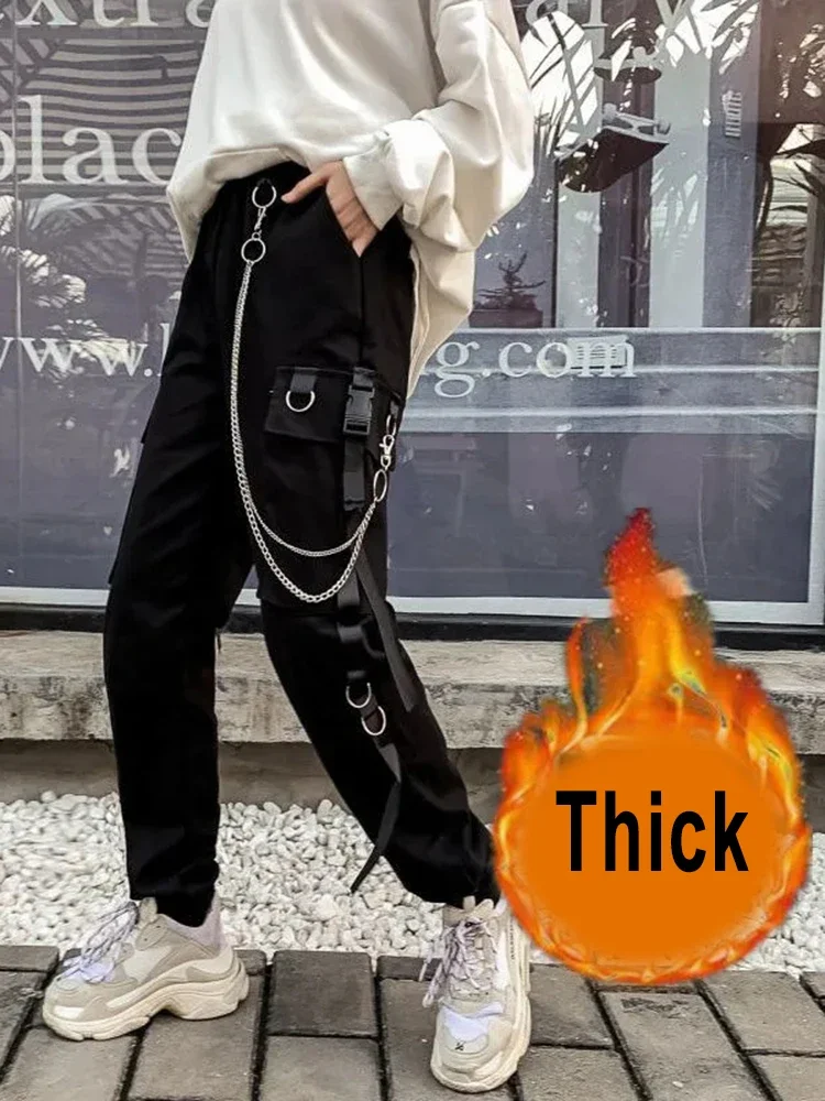 Women Cargo Pants Black Joggers High Waisted Harajuku Harem Pants Punk Goth Techwear Chain Trousers Female Hip Hop XT1355
