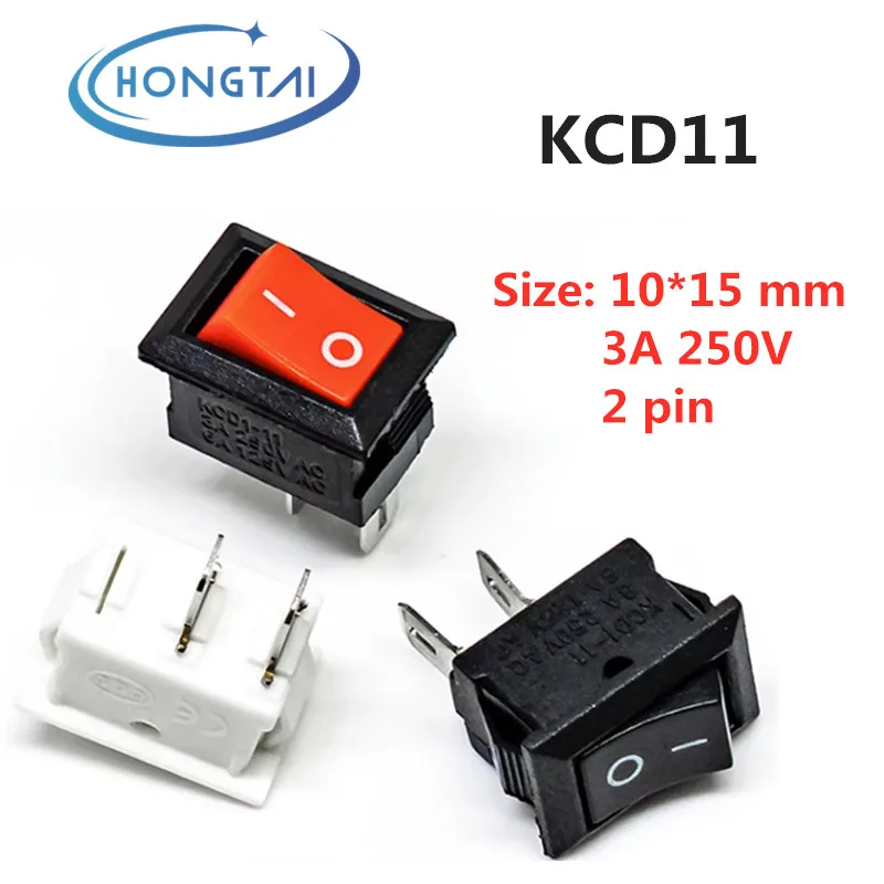 10PCS Push Button Switch 10x15mm SPST 2 Pin 3A 250V KCD11 Snap-in on/Off Rocker Switch 10MM*15MM Black Red and White