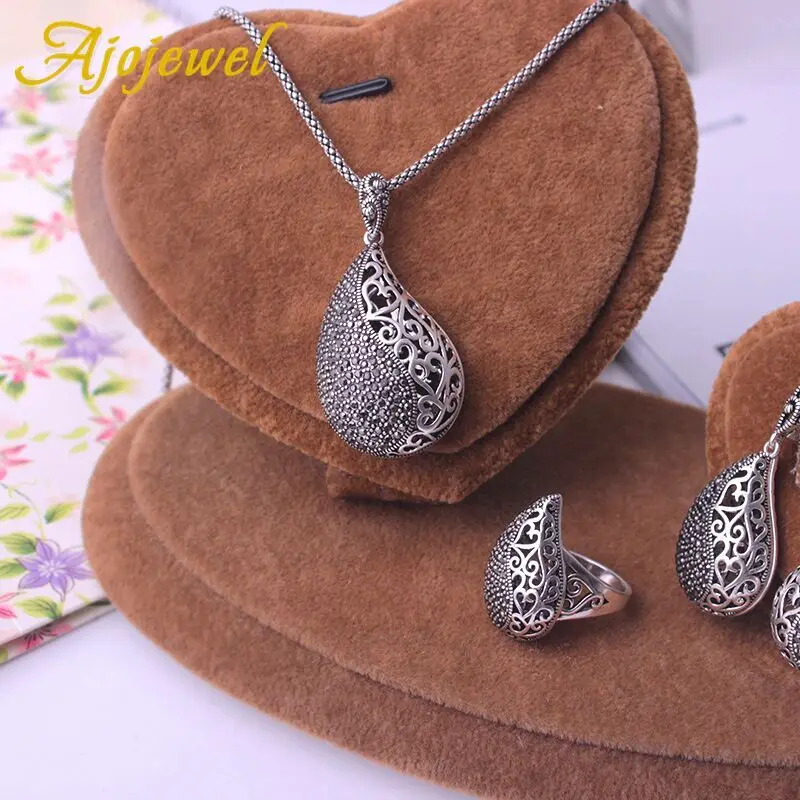 Ajojewel Luxury Chunky Waterdrop Jewelry Set Vintage Hollow Earrings And Necklace Ring Size 7 8 9 High Quality Gifts For Women