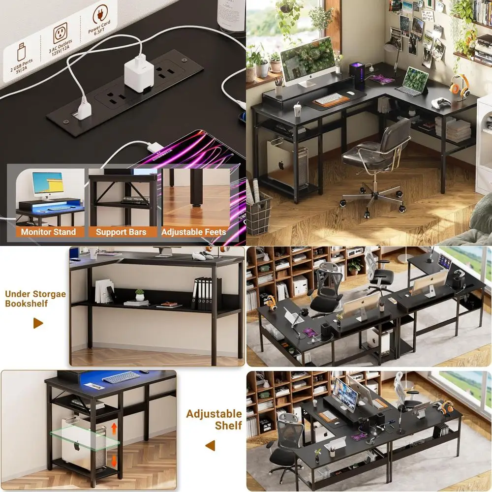Reversible L Shaped Desk with Magic Power Outlets and Smart LED Light, Sturdy Computer Desk with Monitor Stand & Storage Shelves