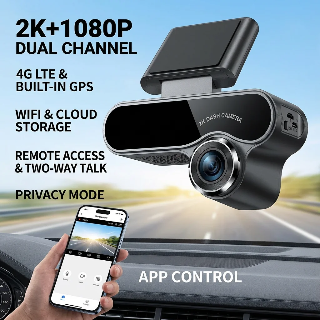 Câmera Veicular 4G SIM 2K com Dupla Lente, DVR para Carro, Rastreador GPS, Monitoramento Remoto, Hotspot WiFi, Áudio Bidirecional, Visão Noturna IR para Uber e Táxi