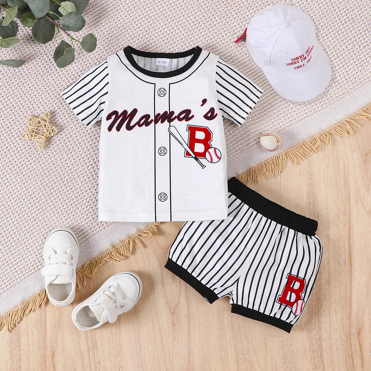 JOPGEEY Summer Baby Boy Casual Letter Baseball Printed Top and Striped Shorts Sports Suit