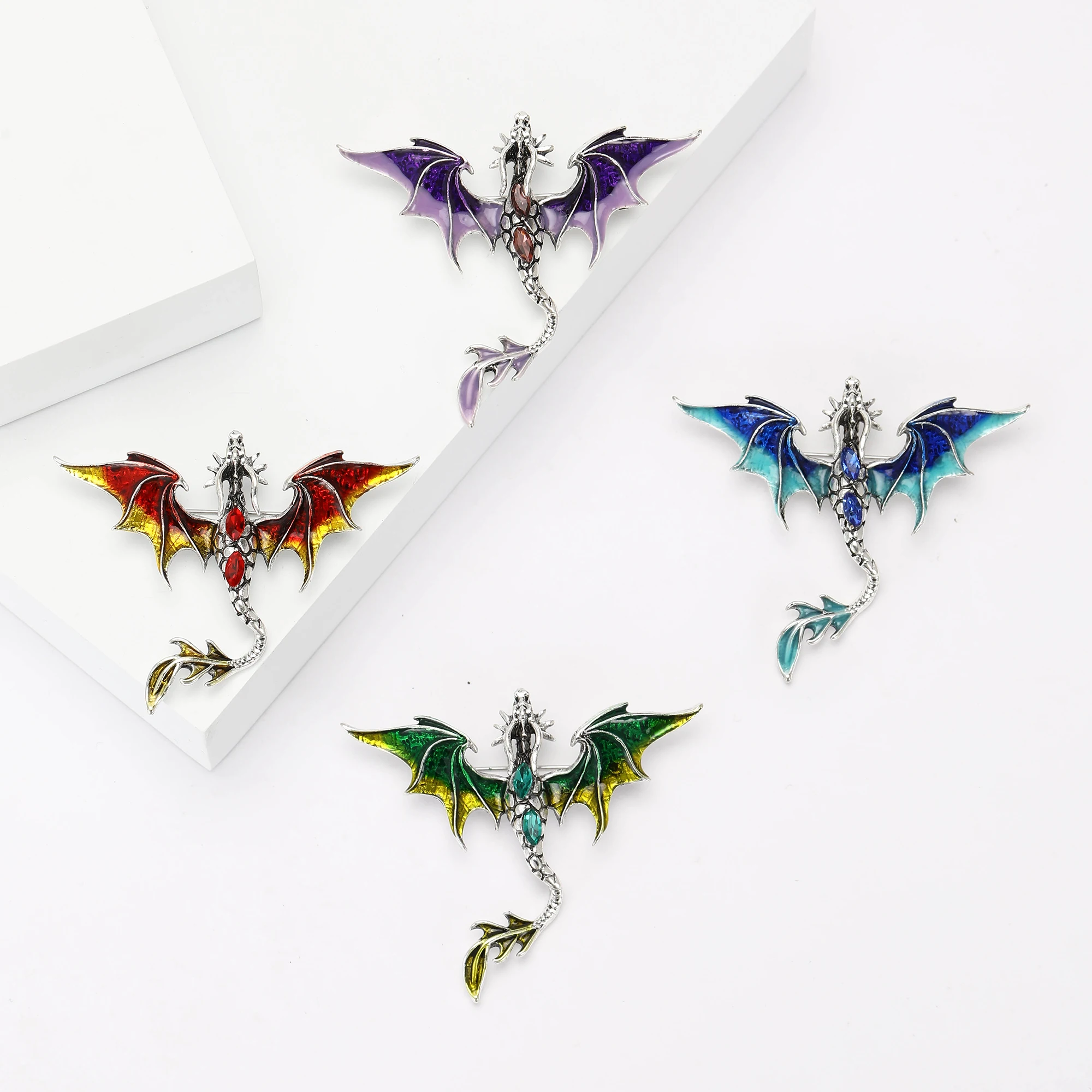 Enamel Flying Dragon Brooches for Women Unisex Rhinestone Animal Pins Office Party Friend Gifts Jewelry Accessories