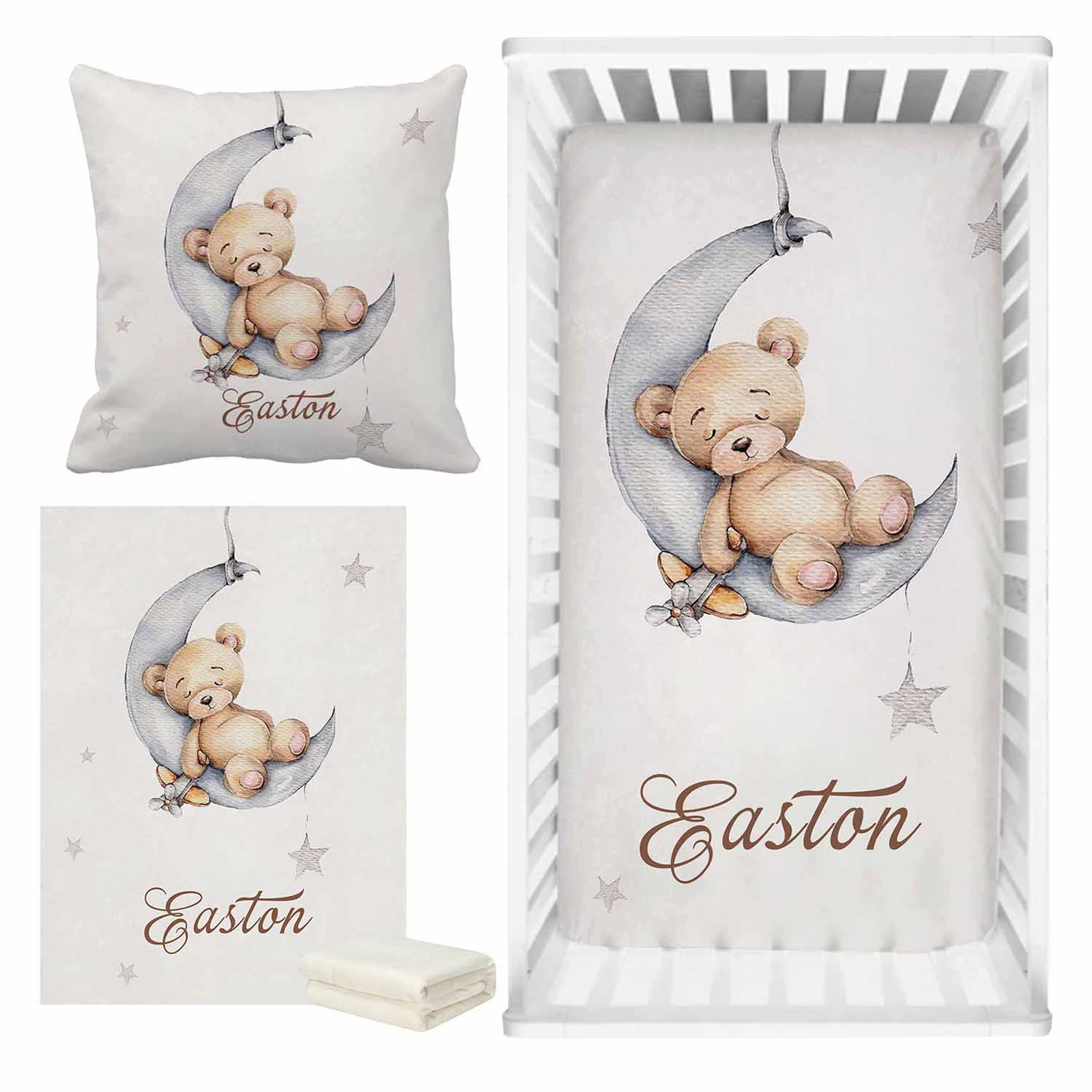 UOOPOO Custom Name Sleeping Bear Sleep on Moon Pillow Cover Set, Crib Bedding Set, Crib Sheet, Blanket