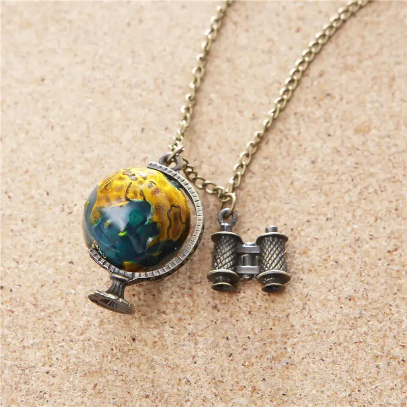 Vintage Telescope Traveling Globe Earth World Map Alloy Long Pendant Necklace