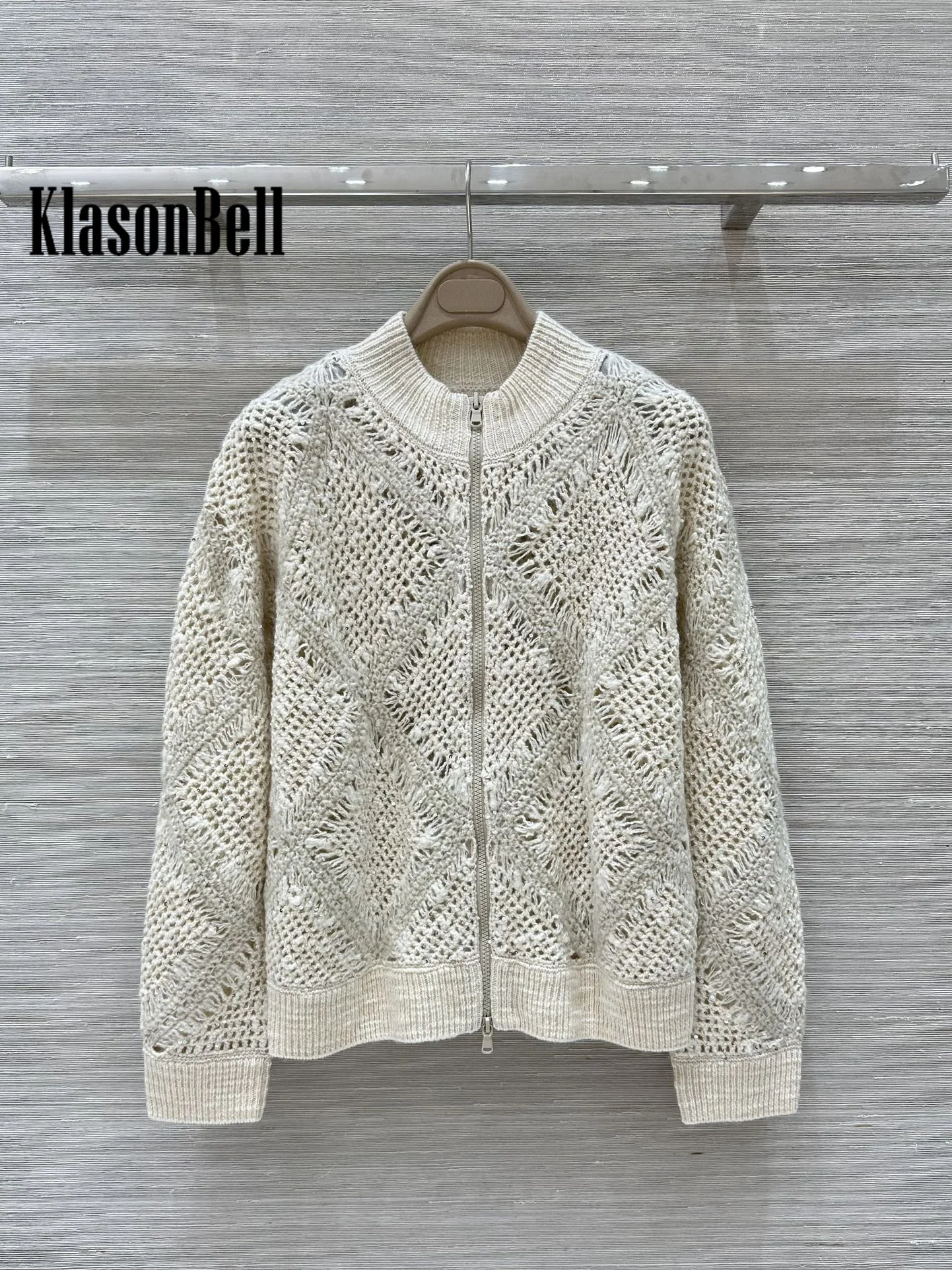 9.8 KlasonBell Women 2024 Autumn New Sequins Argyle Plaid Hollow Out Crochet Cardigan O-Neck Loose Wool Knit Soft Zipper Coat