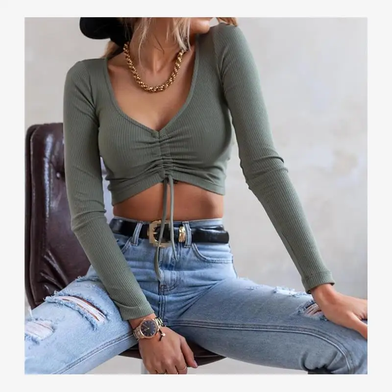 Sexy Slim Fit Long Sve ort T-irt Women's Crop Top Tee Street Sle V-Ne Cotton Spring Summer Faion Casual Wear