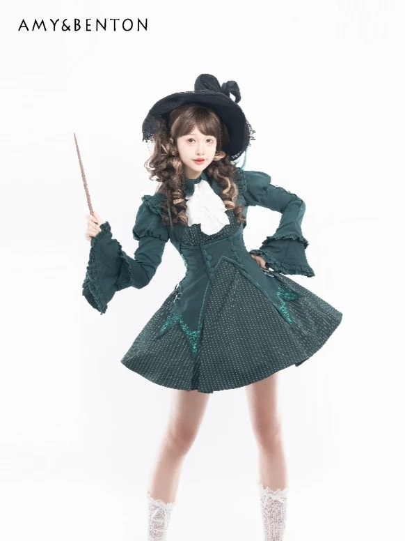 

Japanese Subculture Girl Lolita Striped Sets Gothic OP Short Sleeve Slim Mini Dress Short Jacket Two Piece Sets Womens Outifits