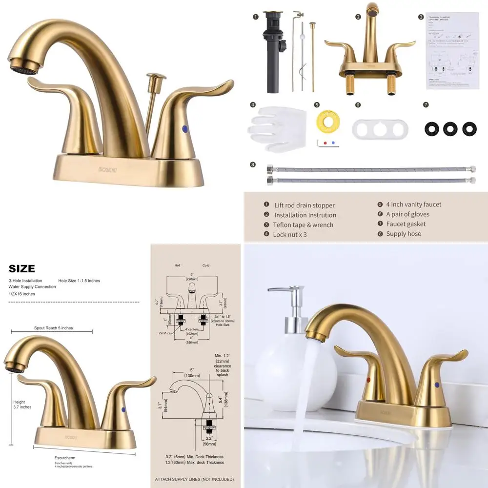 

4 Brushed Gold Centerset Vanity Faucet with Lift Rod Drain - Modern Mixer Tap for RV Sink
